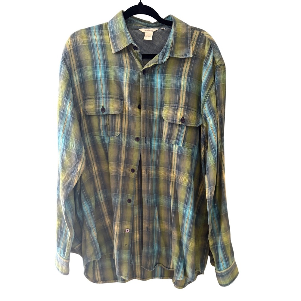 Sundance Mens XL Plaid Button Down Shirt Blue Green Yellow Long Sleeve Cotton